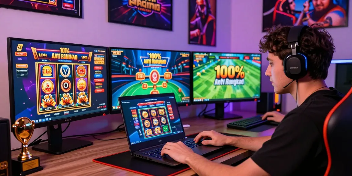 Player immersed in the GARUDA55 online gaming experience with multiple gaming displays and vibrant atmosphere.