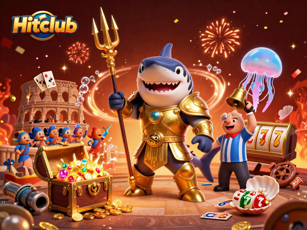 Experience excitement at Hitclub as a tiger shark battles surrounded by casino elements.