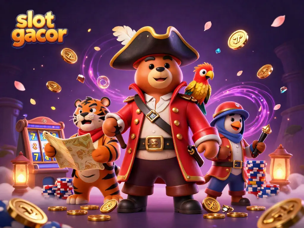 Menangkan slot gacor dengan karakter lucu dalam ilustrasi 3D yang memukau, menampilkan koin emas dan mesin slot.