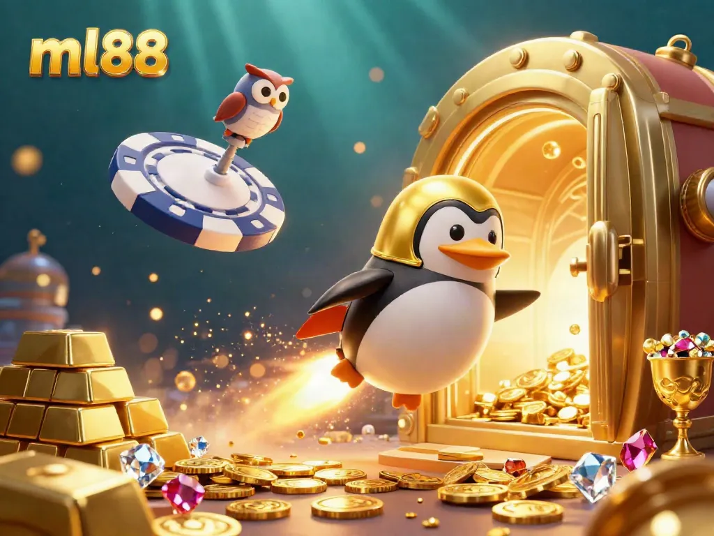 Experience thrilling gaming adventures with ml88 via a dynamic scene showcasing a golden penguin in space.
