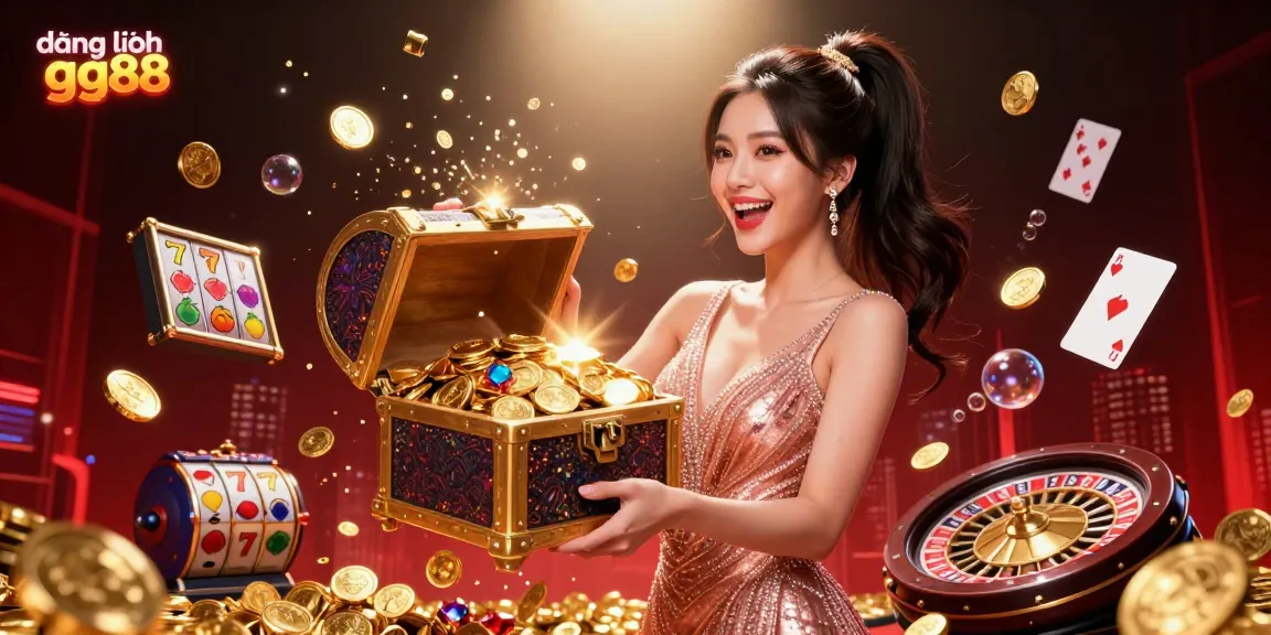 Engage with đăng nhập gg88 in a vibrant casino scene featuring a joyful woman revealing treasures and dynamic game elements.