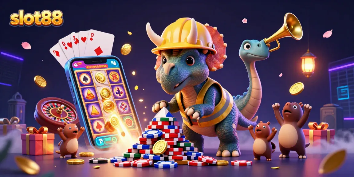 Engage with slot88 as the triceratops builds a pyramid of poker chips amidst dynamic casino elements.