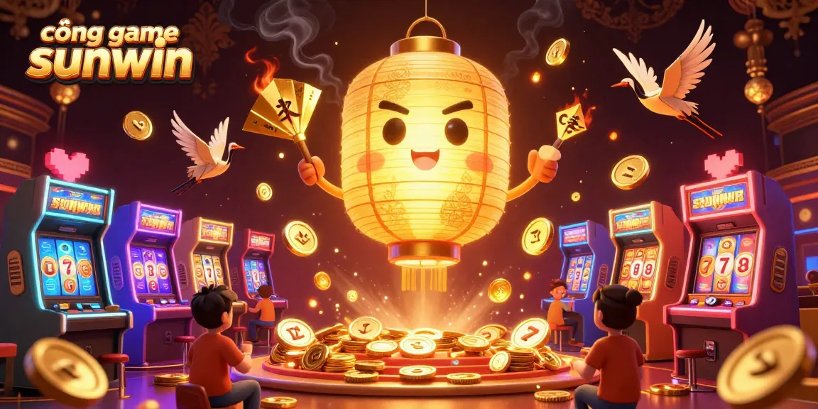 Engage with cổng game sunwin in this vibrant casino scene filled with slot games and lucky symbols.