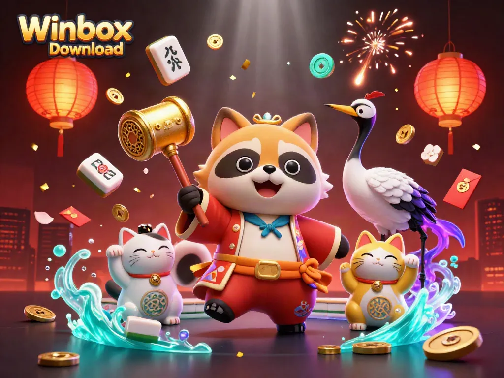 Experience the Winbox download with a festive 3D scene of lucky characters and casino elements.