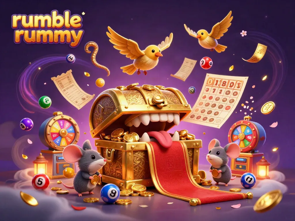 Engage in the thrilling rumble rummy experience with animated characters and vibrant gambling elements.