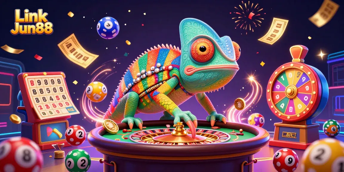 Experience big wins with Link Jun88 in this vibrant 3D casino illustration filled with lottery action.