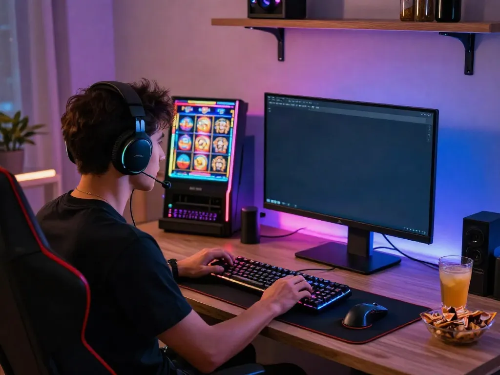 Gamer menikmati pengalaman bermain slot di ruang kerja modern dengan monitor berkualitas tinggi.