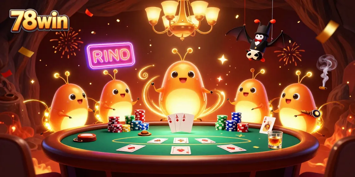 Play poker at 78win with animated glowworms lighting up a lavish casino scene.