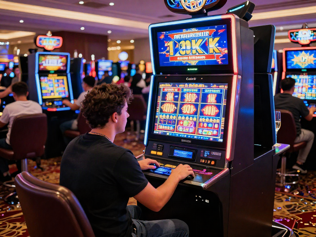 Player joyfully engaging with slot 10k machine in a lively casino setting.