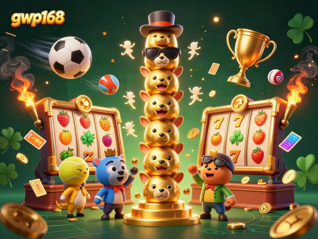 Permainan slot mengasyikkan di gwp168 dengan simbol buah dan bingkai emas.