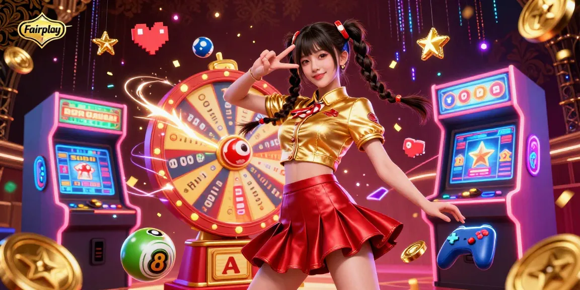 Experience Fairplay's vibrant action in this dynamic casino illustration featuring a joyful Asian woman and colorful game elements.