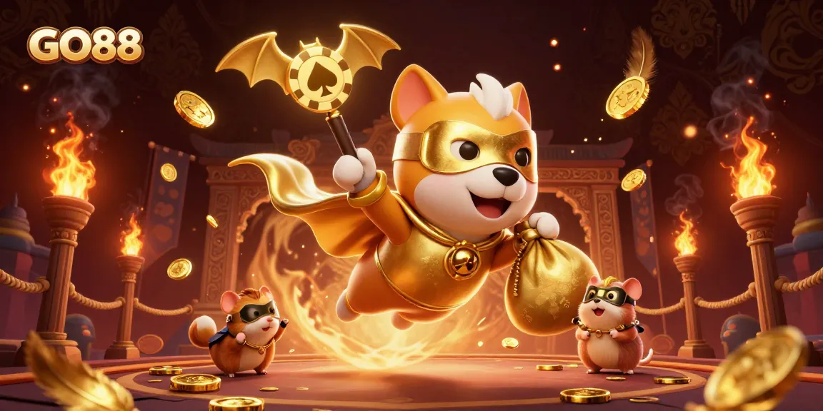GO88 superhero dog flies with gold coins amidst vibrant casino elements, symbolizing excitement.