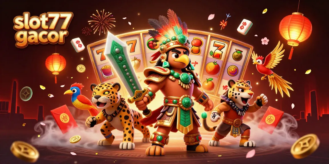 Engage with slot77 gacor through vibrant gaming symbols in an exciting casino illustration.