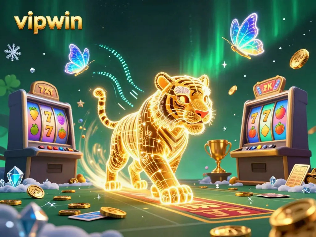 Experience thrilling gameplay at vipwin with a neon-light tiger in a vibrant casino.
