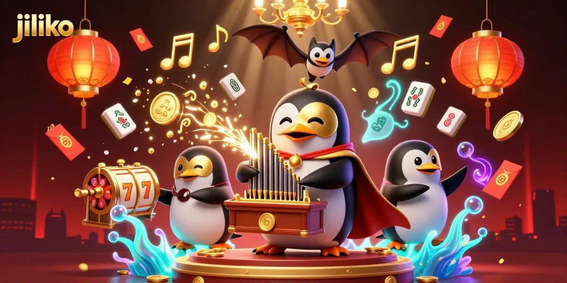 jiliko casino penguin playing pipes releases golden coins, surrounded by vibrant gaming elements
