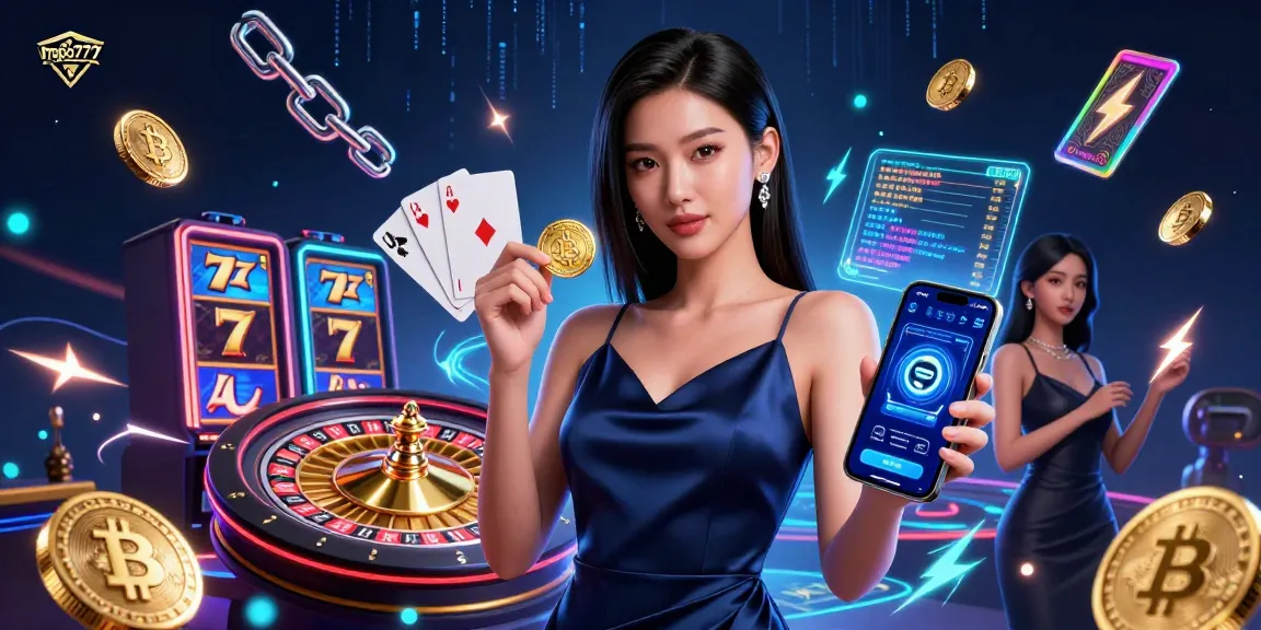 MPO777 showcases a stunning Asian woman gaming with a smartphone, vibrant casino elements, and crypto coins.