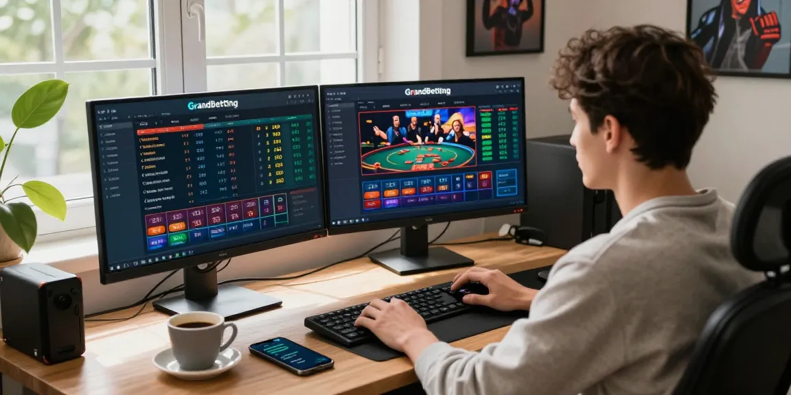Engaging online betting experience with Grandbetting platform displayed on dual monitors in a modern workspace.