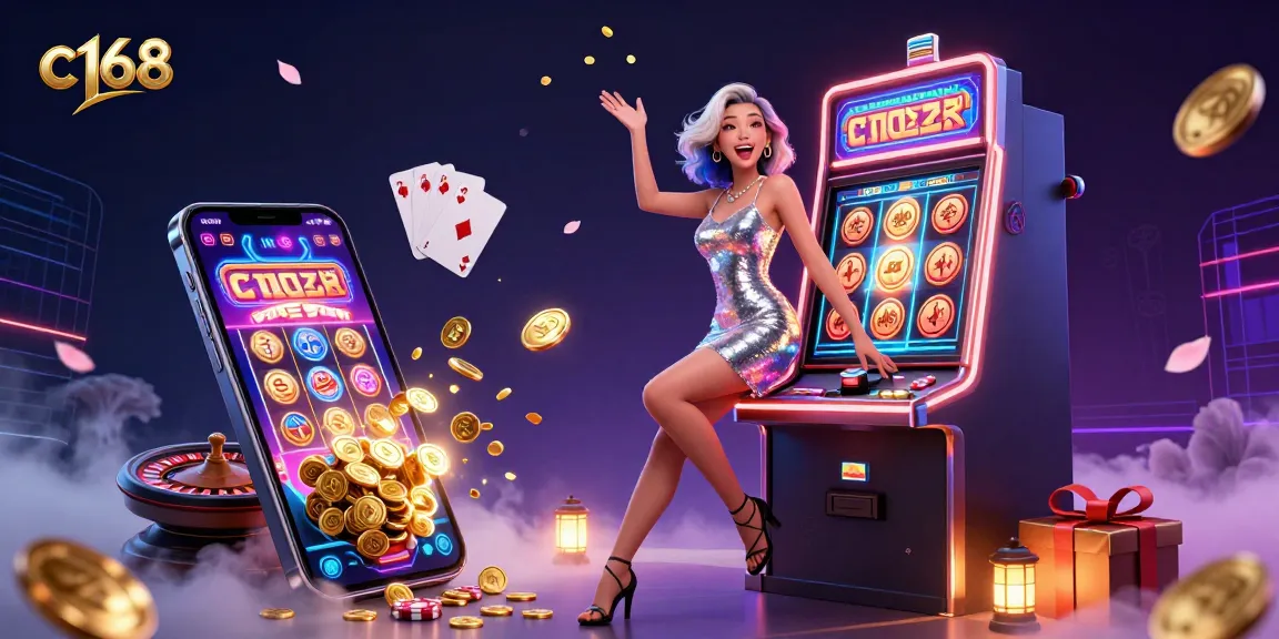 C168 casino scene depicting a celebratory player at a jackpot slot machine with dynamic game elements.