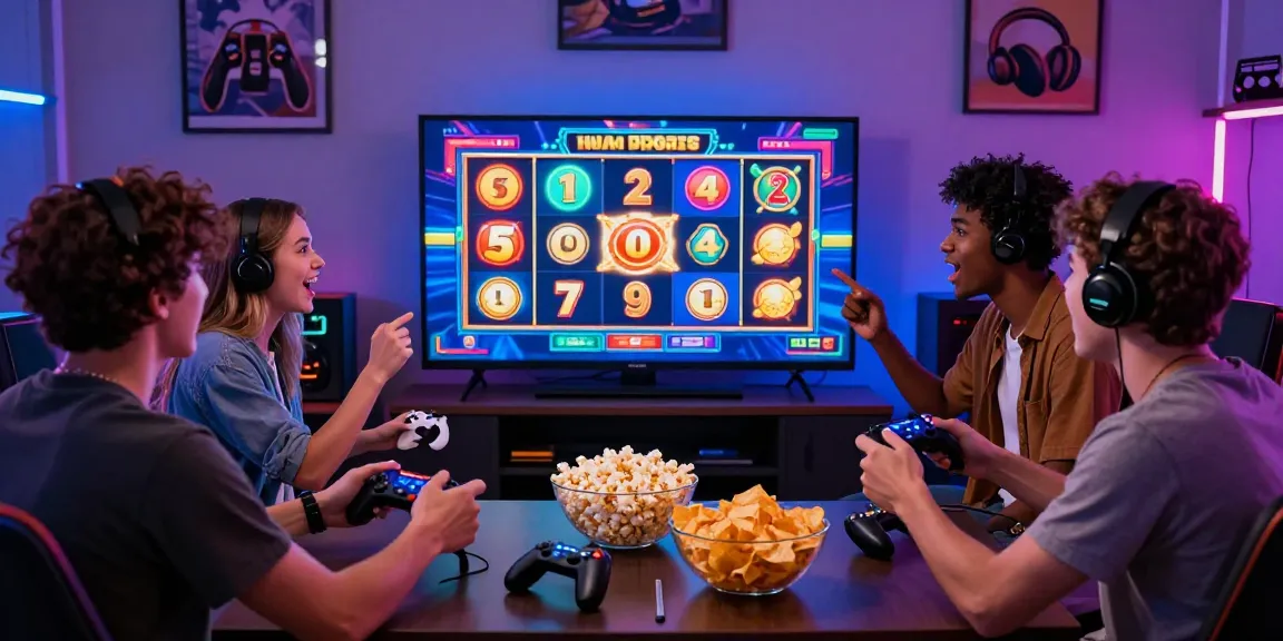 Pemain slot jackpot bersenang-senang bersama teman-teman dalam suasana permainan yang meriah.