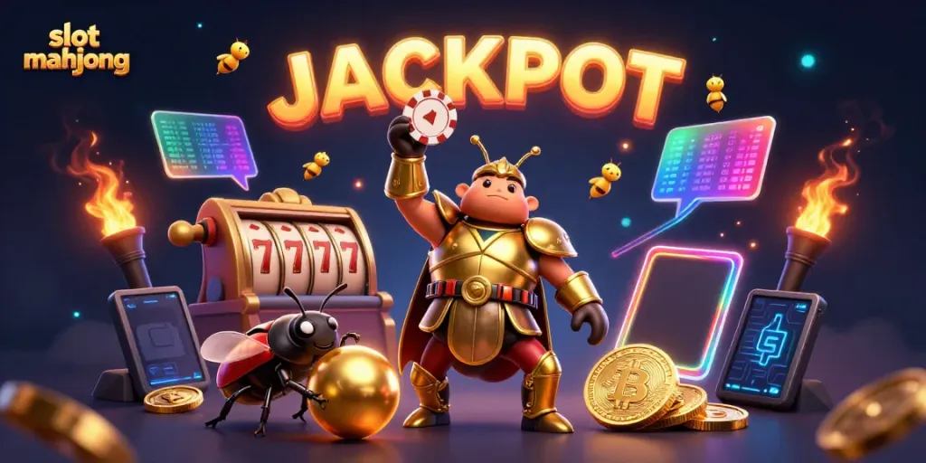 Menangkan jackpot dengan slot mahjong yang menampilkan karakter serangga bertema perjudian dalam ilustrasi 3D.