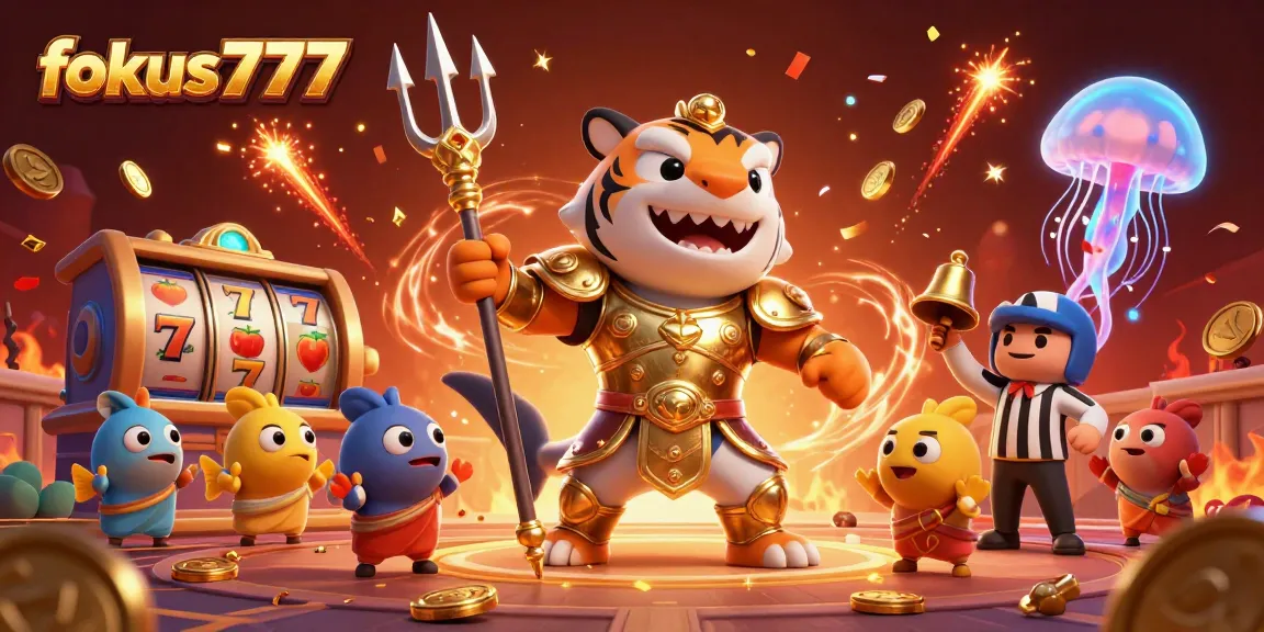 Win big with fokus777: A vibrant underwater casino scene featuring a golden armored shark and festive elements.