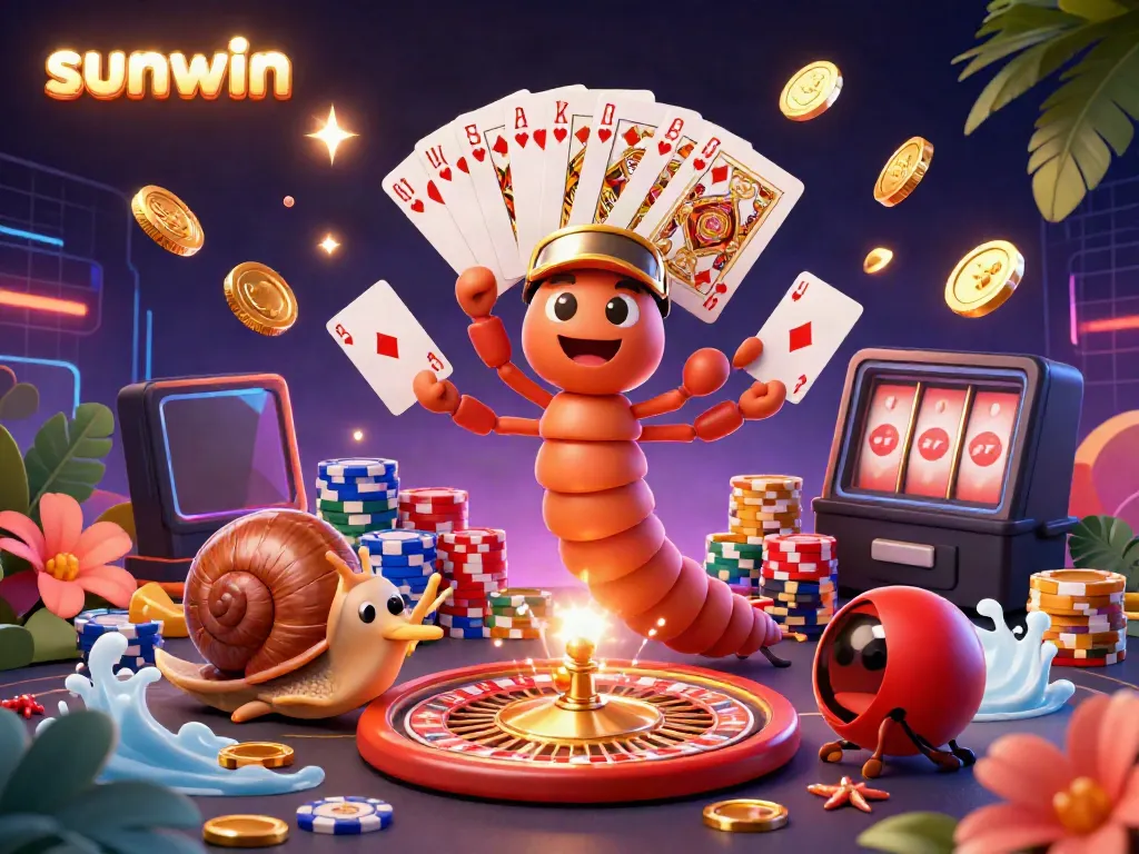 Experience exhilarating gameplay at sunwin with an animated millipede dealer showcasing cards amidst a cascade of gold and gems.