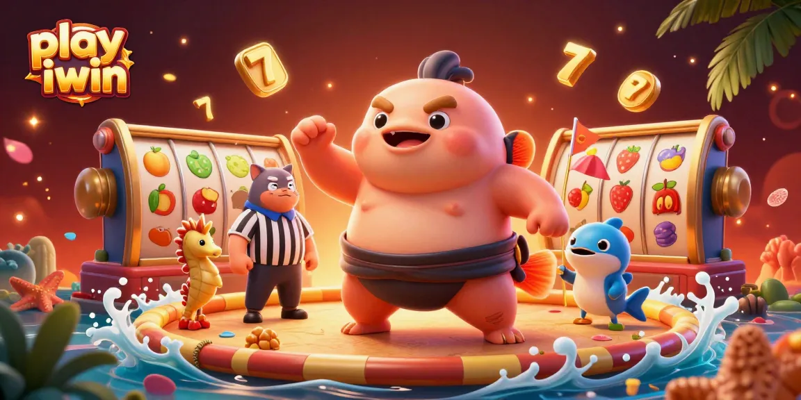 Play iwin with a fun underwater casino scene featuring a fugu, catfish referee, and festive game elements.
