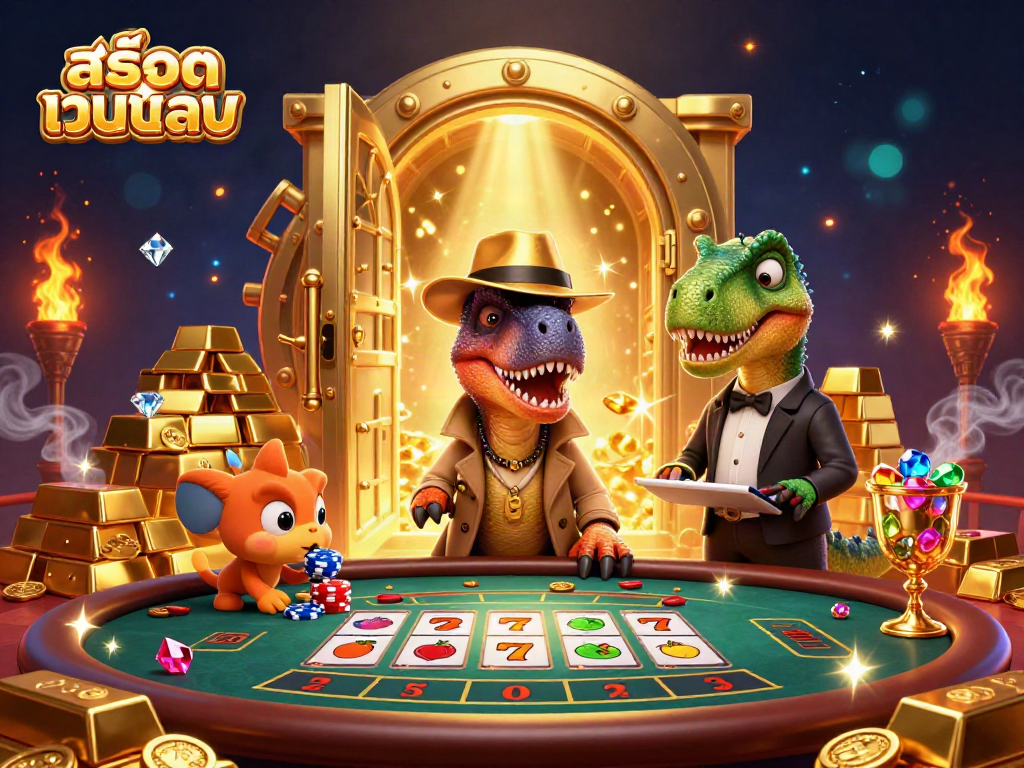 Engage with สล็อตเว็บตรง as a velociraptor card counter plays blackjack while a stegosaurus pit boss oversees the action.