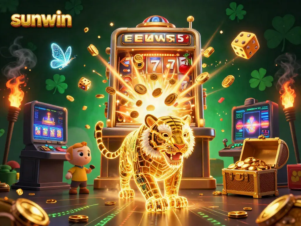 Experience thrilling gameplay at sunwin, featuring vibrant slot machines and a neon tiger in an energetic digital casino.