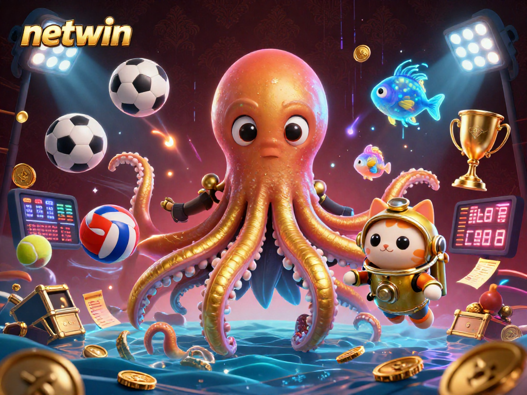 Engage with netwin's exciting gaming experience featuring a kraken and a diving cat in a dynamic casino scene.