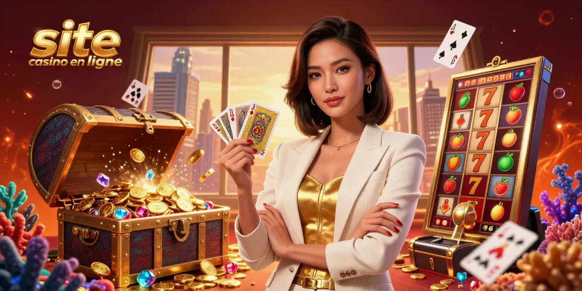 Experience the excitement of site casino en ligne with a powerful businesswoman holding golden cards in a vibrant 3D illustration.