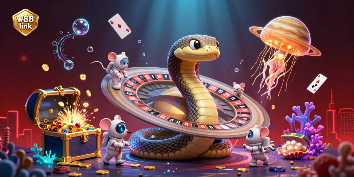 Engage with the W88 link in this vibrant cosmic casino scene featuring astronaut mice betting on a roulette wheel.