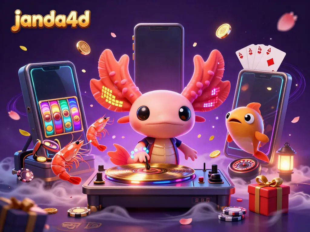 Slot game menakjubkan dengan janda4d, DJ axolotl neon, dan kerumunan aksi di latar belakang.