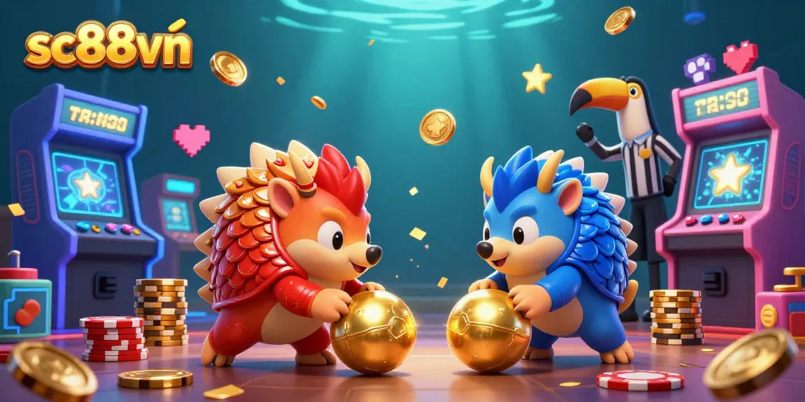 Engage with the vibrant casino action at sc88vn featuring rival pangolins bowling through poker chips and glowing arcade elements.