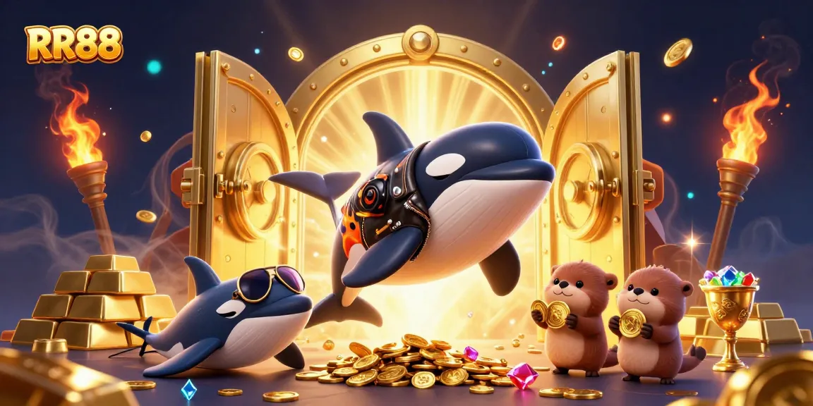 Experience winning moments at RR88 with a vibrant 3D casino-themed illustration showcasing vibrant underwater characters.