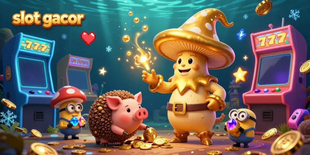 Slot gacor menyajikan ilustrasi 3D dengan penyihir jamur sihir yang mengubah segala sesuatu menjadi emas.