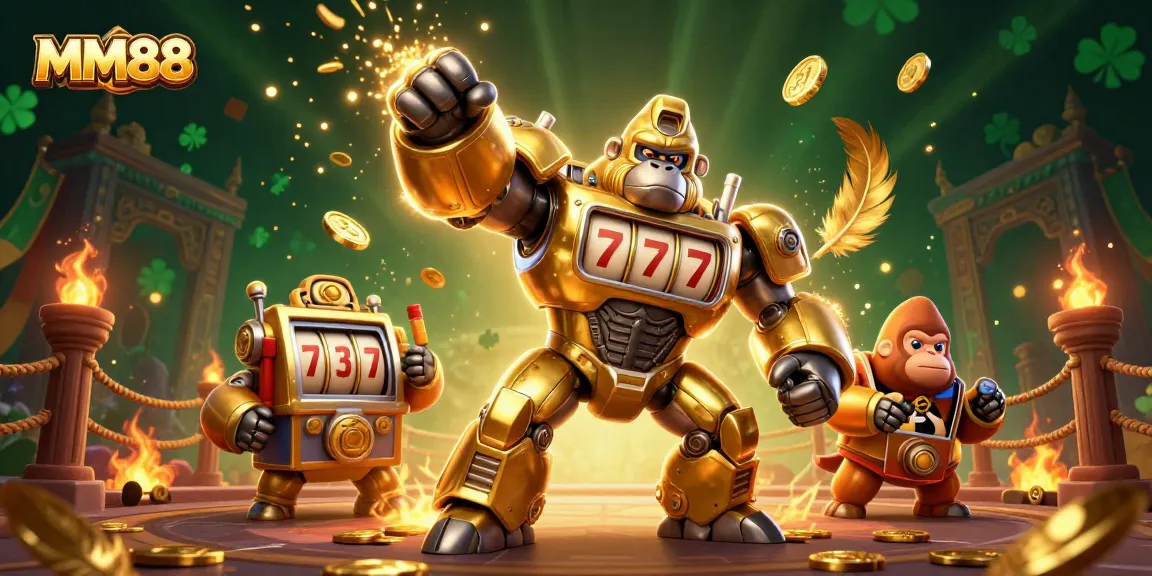 Join the excitement of MM88 with a dynamic, vibrant casino-themed 3D illustration featuring a golden gorilla mech!