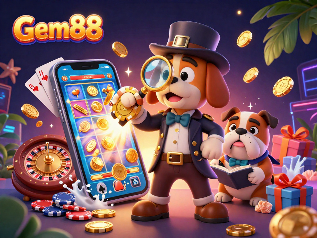 Win at Gem88 with a detective and dog uncovering casino treasures in an illustrated scene.