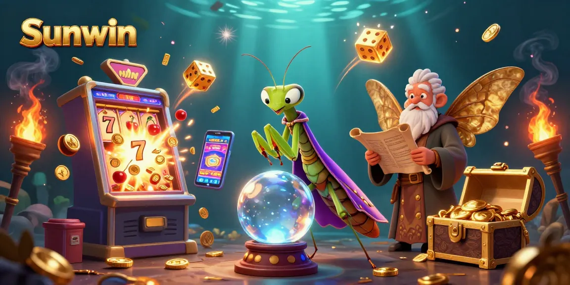Experience the magic of Sunwin with a vibrant casino scene featuring a praying mantis fortune teller and engaging slot machine action.