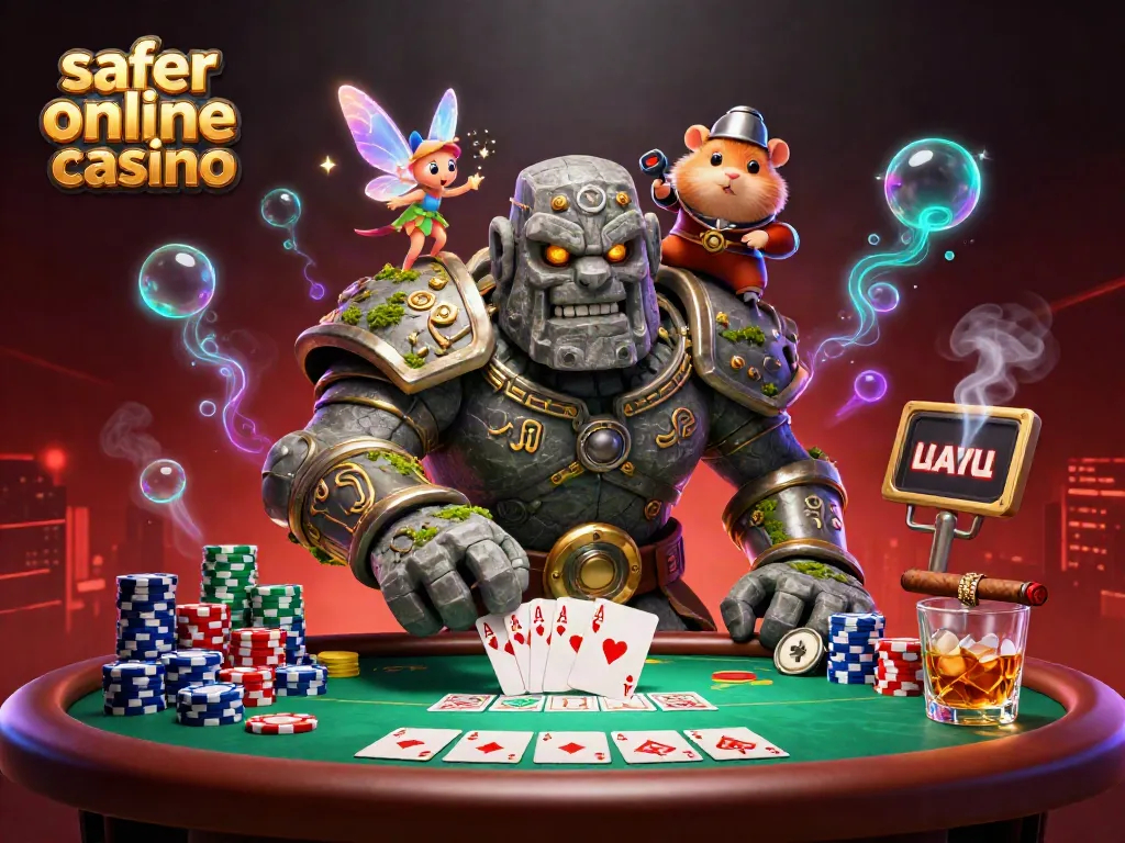 Experience the thrill of a safer online casino with our animated poker scene featuring magical characters.