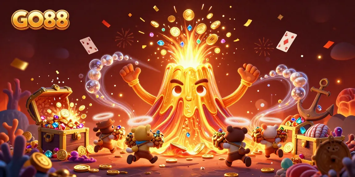 Experience the thrill of gaming at GO88 with a captivating 3D animated scene showcasing a golden volcano erupting treasures.