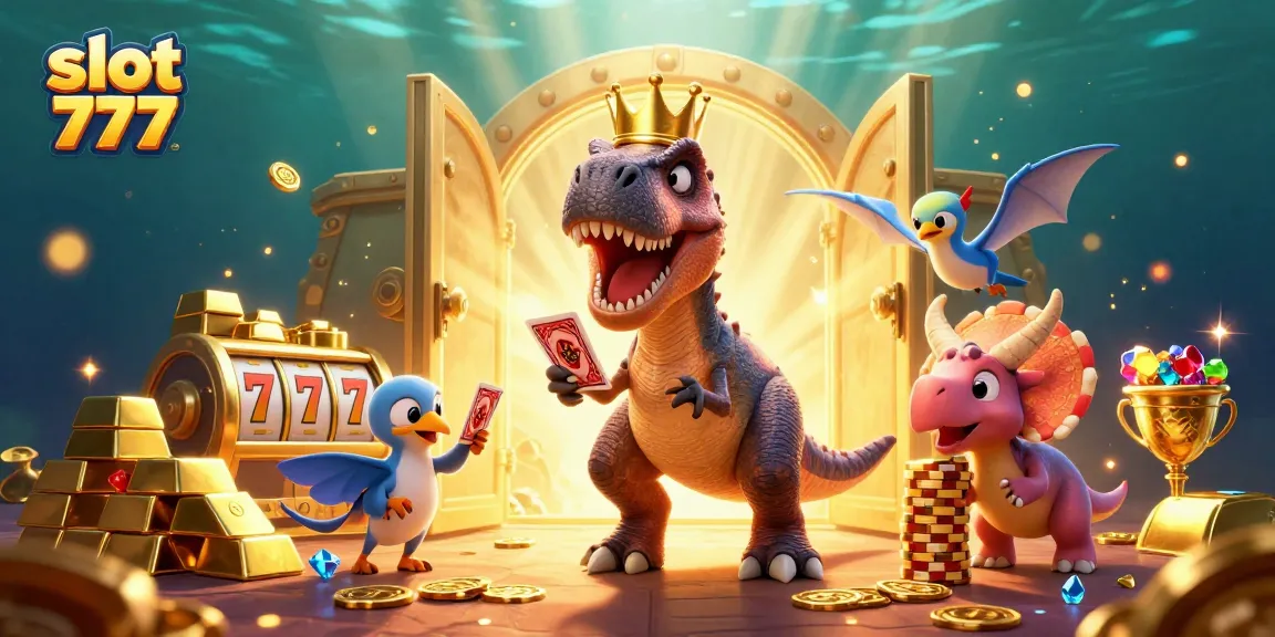 Engage with slot 777 as a T-Rex shuffles cards, creating a lively casino scene.