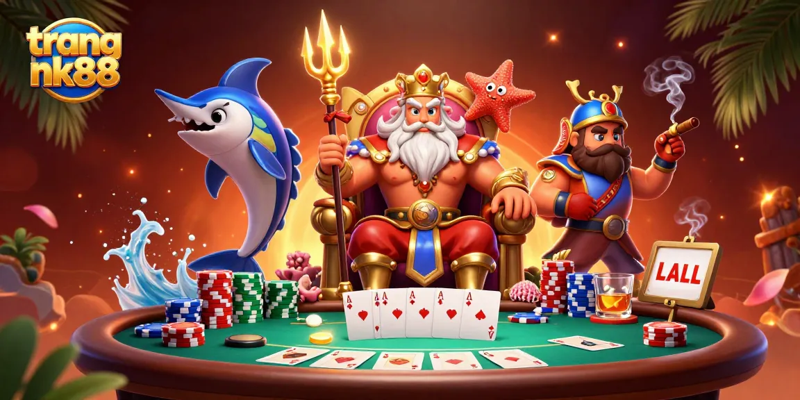 Experience thrilling poker action with trang nk88 in a vibrant casino illustration featuring Neptune and his samurai.