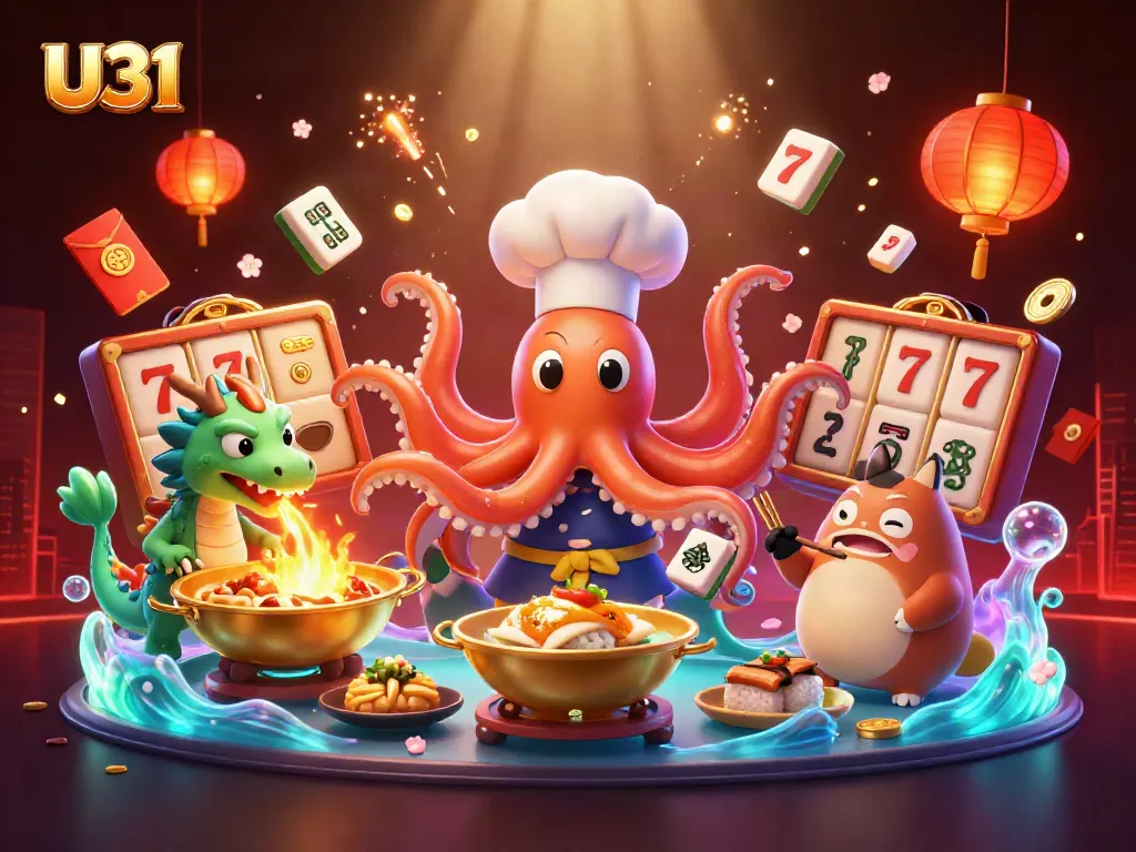 U31 players enjoy winning chances at a vibrant casino with dynamic gameplay surrounding a sushi chef octopus.