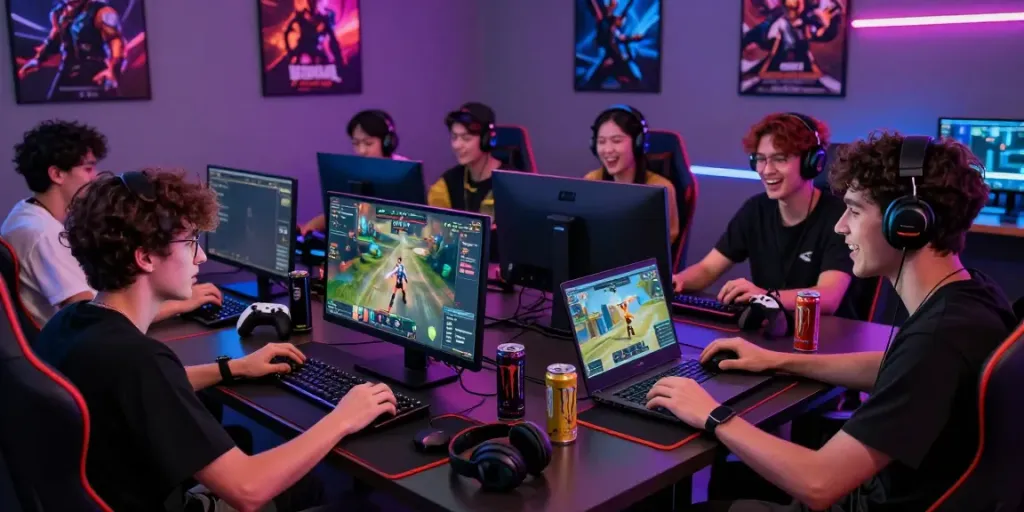 Group of friends enjoying unsurtoto gaming with multiple screens and vibrant neon lighting