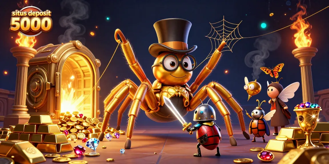 Spin and win at situs deposit 5000 featuring a golden tarantula and treasures in an exciting casino scene.