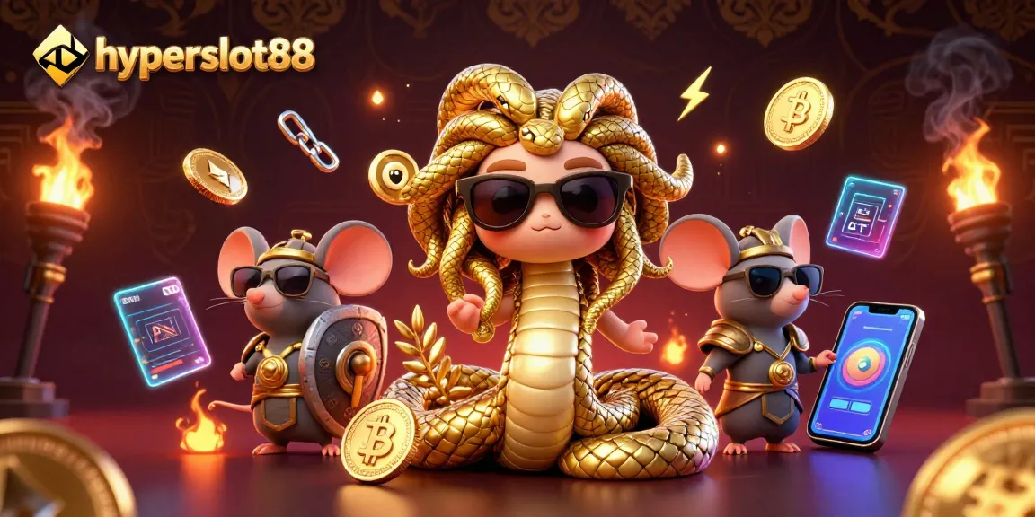 Engage with hyperslot88 by witnessing a vibrant 3D illustration featuring Medusa and crypto symbols.