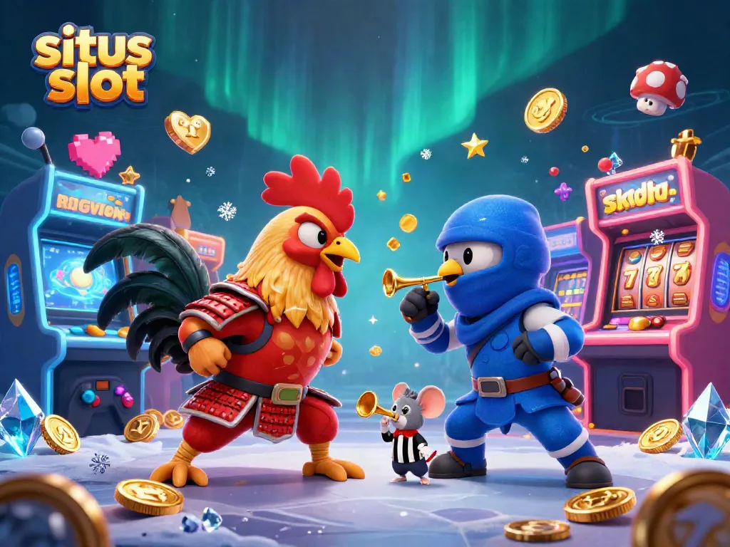 Gamer penuh semangat dalam situs slot, dengan ayam petarung, mesin arcade, dan efek cemerlang.