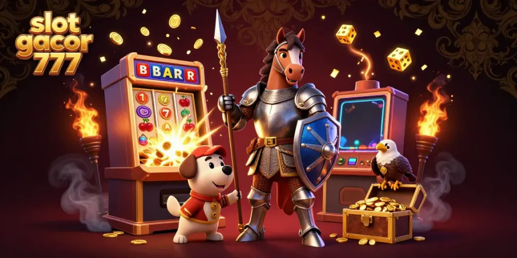 Memainkan slot gacor 777 dengan karakter ksatria berkuda, anjing squire, dan elang kastil di latar cerah.
