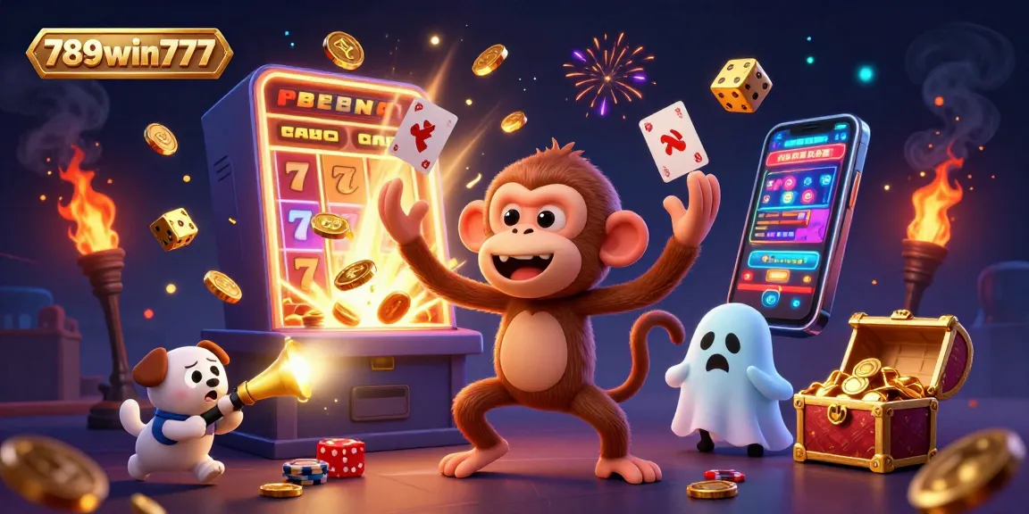 Experience the thrills of 789win777 in a vibrant casino scene with a playful monkey and curious puppy.